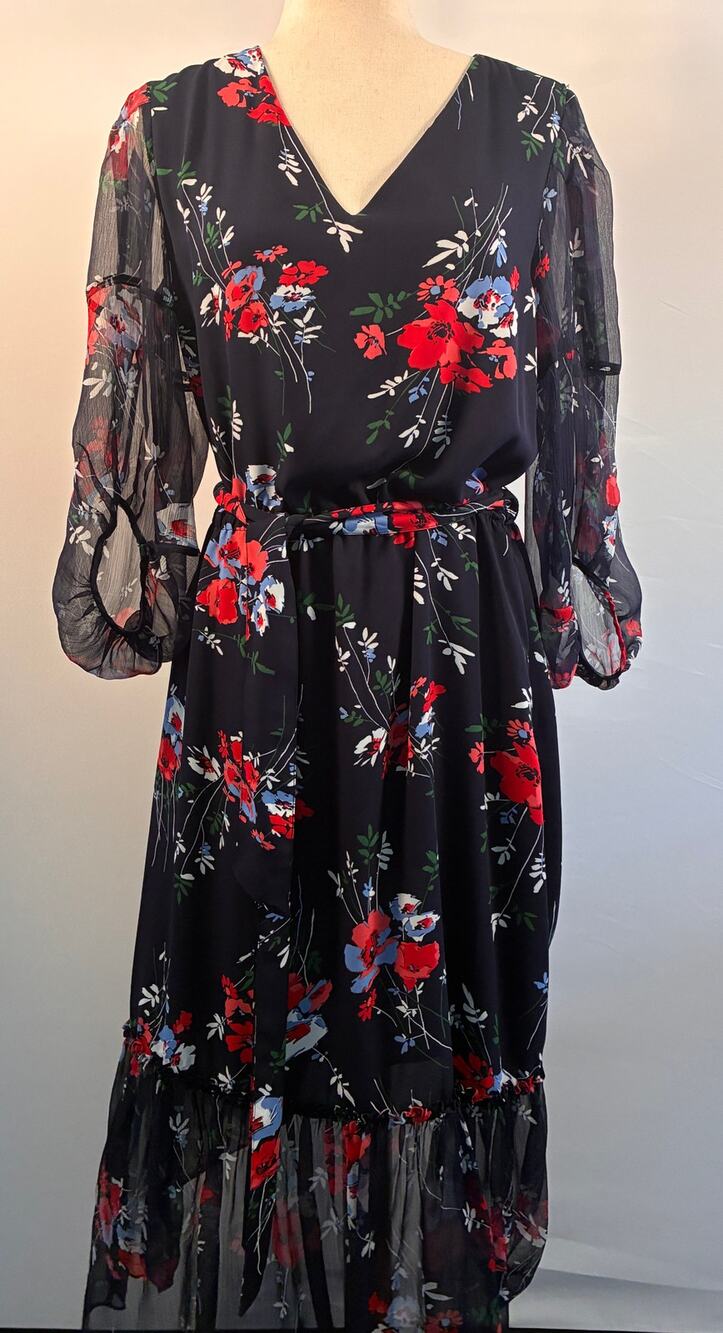 Lauren Ralph Lauren Navy Floral Georgette Sheer Sleeve Midi Dress Size 6